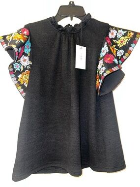 THML Black Flutter Sleeve Tunic with Multicolor Floral Embroidered Sleeves Small
